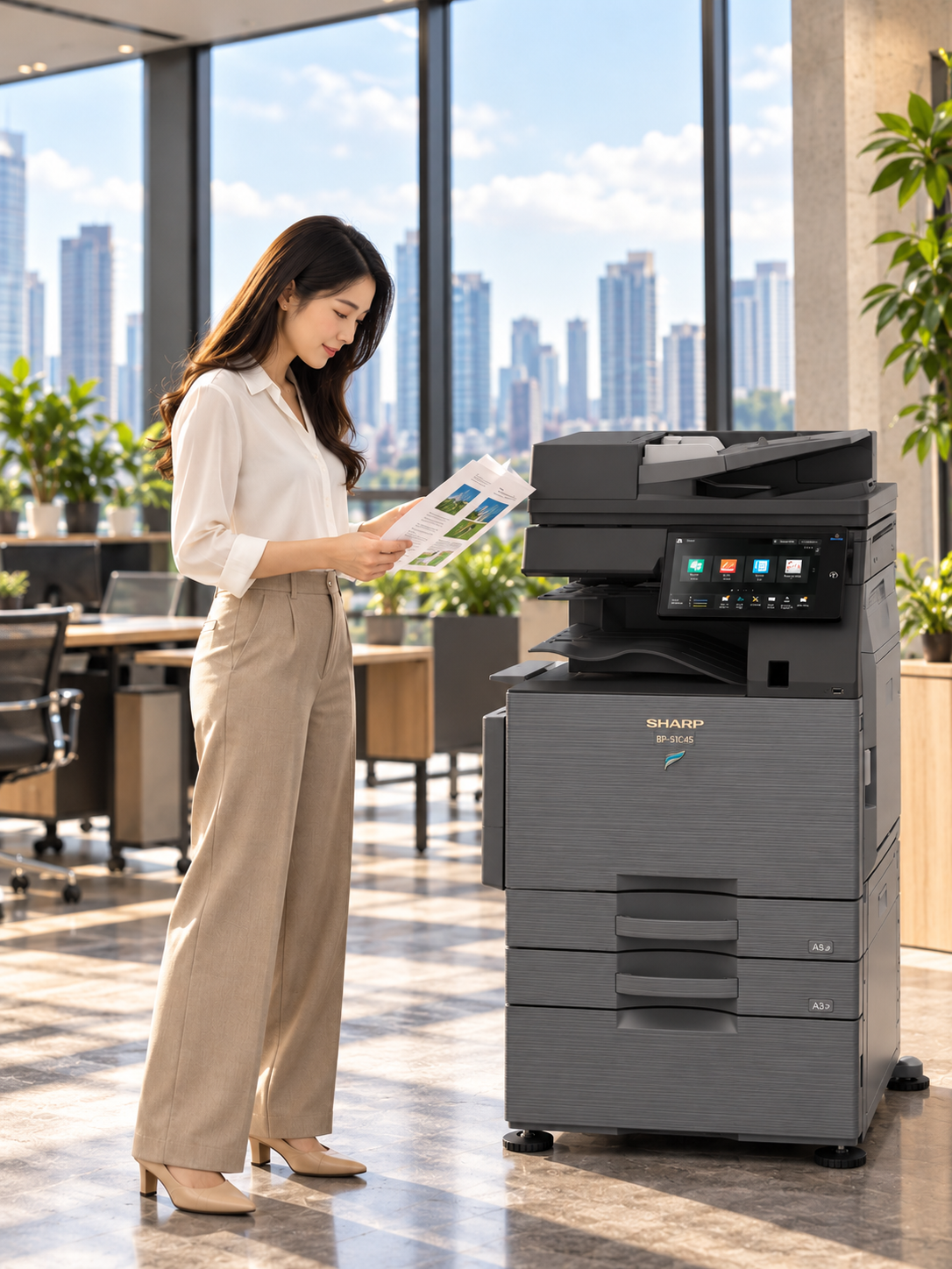 SHARP BP-71C45 multifunction printer in a modern professional workplace
