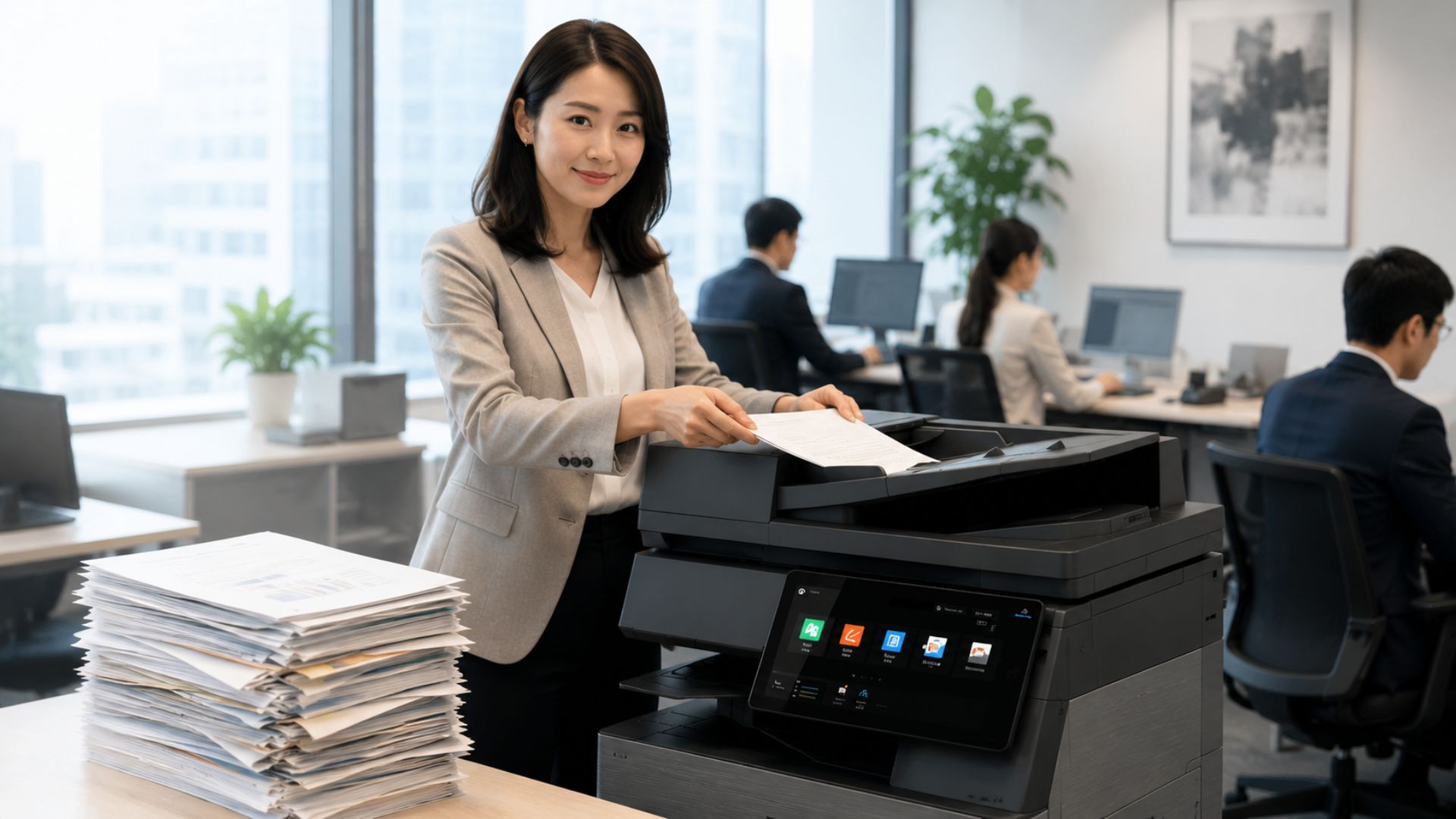 Employee scanning documents using a SHARP multifunction printer