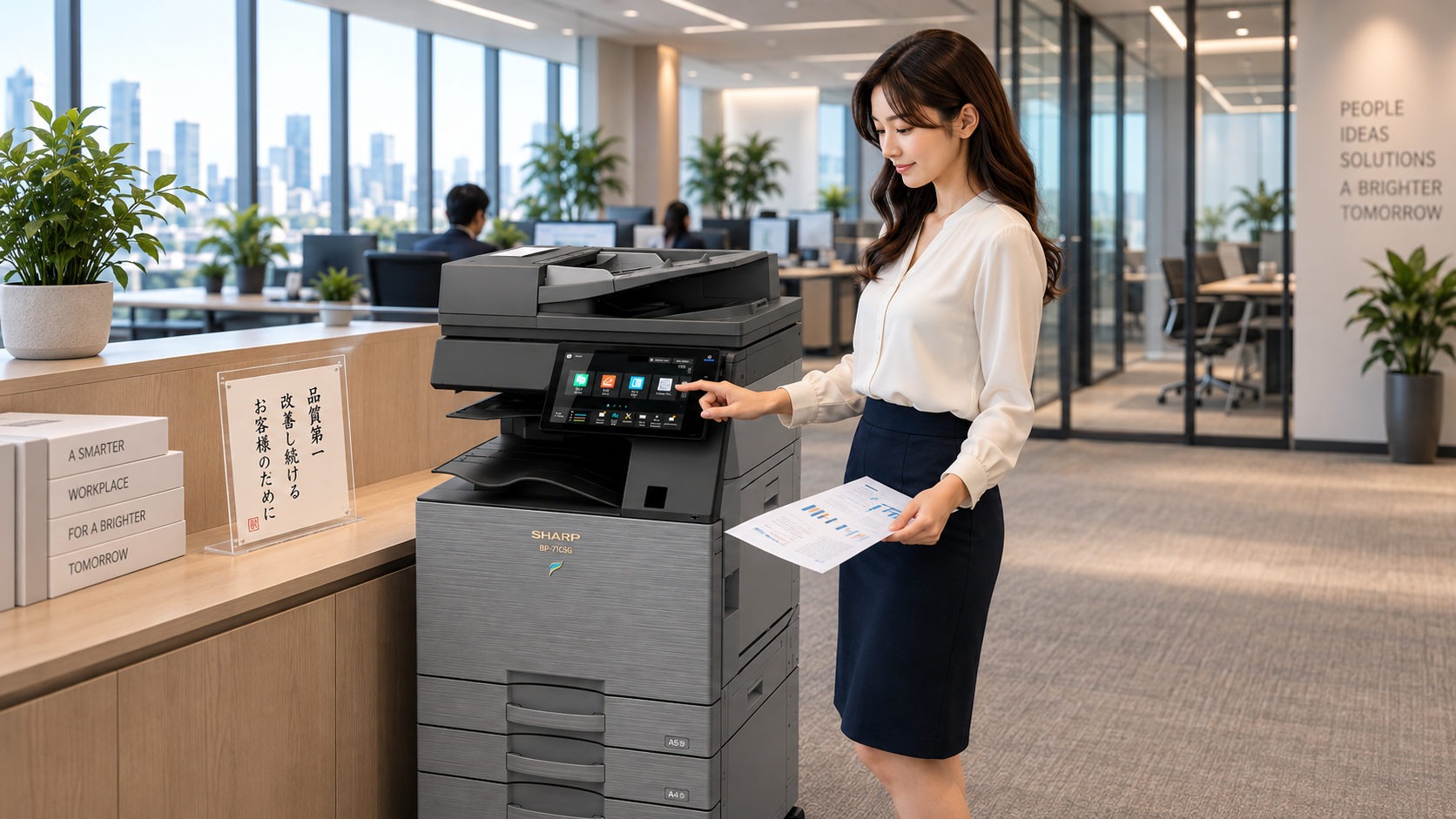 Employee using a SHARP multifunction printer in an office